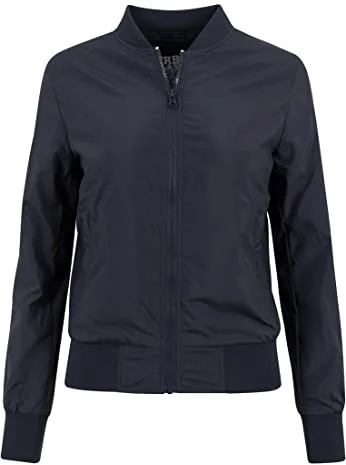 URBAN CLASSICS Chaqueta Bomber ligera mujer con bolsillos delanteros, cintura, puños y cuellos elásticos, apertura delantera con cremallera, de manga larga, color azul navy, talla M