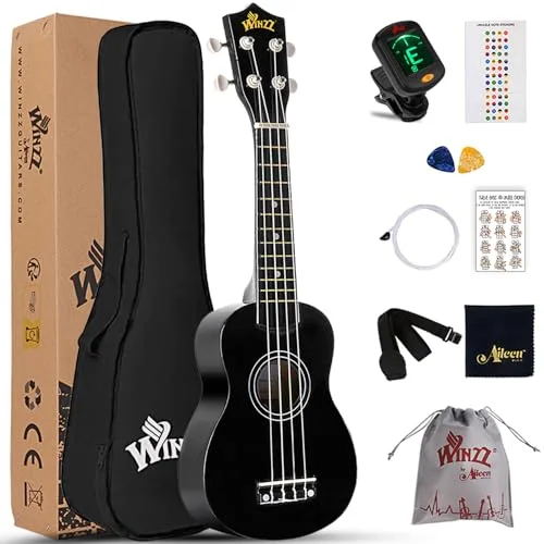 Winzz Ukelele Soprano Starter Kit para Principiante. Incluye: Funda, Afinador, Cuerdas Extra, Correa Ajustable, Púas, Pegatinas de notas, Guía de Acordes y Paño de pulido. Color: Negro