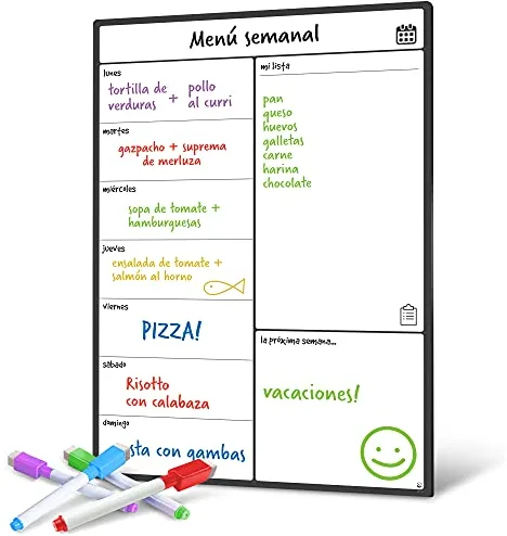 Smart Panda Pizarra Magnética Nevera A3 – Planificador de Menú Semanal, Lista de la Compra, Recordatorios – Calendario Blanco con 4 Rotuladores – en Español (Semanal)