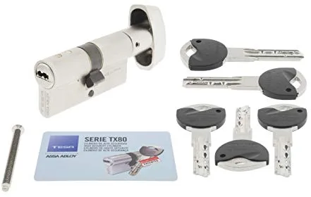 Tesa Assa Abloy, TX8B3030N, Cilindro de Alta Seguridad, TX80, Doble Embrague, Leva Larga, Llave - Botón, Niquelado, 30 x 30 mm, TX8B3030N