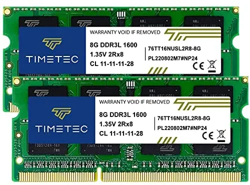 Timetec 16GB Kit(2x8GB) DDR3L / DDR3 1600MHz (DDR3L-1600) PC3L-12800 / PC3-12800 Non-ECC Unbuffered 1.35V/1.5V CL11 2Rx8 Dual Rank 204 Pin SODIMM Laptop Memoria RAM Módulo