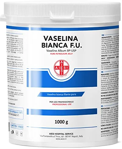 AIESI® Vaselina blanca fibrosa pura Ph.Eur. (Tarro de 1 kg), Para uso médico, dermatológico y profesional, Made in Italy