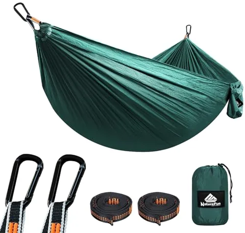 NATUREFUN Hamaca Ultraligera para Viaje y Camping (275x140 cm) | 300kg de Capacidad de Carga,Transpirable, Nylon de Paracaídas de Secado Rápido | 2X Mosquetones Premium, 2X Correas de Nylon Incluidas