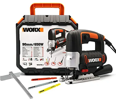 WORX WX478.1 Sierra de calar 650W, 4 posiciones pendulares, corte perfecto en madera y metal, cambio rápido de cuchilla, extracción de polvo, maletín y cuchillas incluidas, trabajos en hogar o taller
