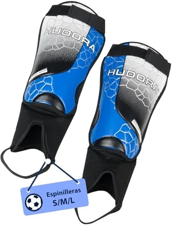 Hudora espinilleras con protección de Tobillo - cómodas espinilleras con Espuma - Protectores de espinilla de fútbol con Tobilleras en Talla S/M/L - Equipo de fútbol para niños y jóvenes