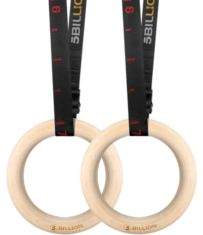 5BILLION Anillos de Gimnasia de Madera-Anillos de Gimnasio Olímpico con Hebillas Ajustables Correas-Entrenamiento para Gimnasia en Casa, Levantamientos Musculares y Entrenamiento de Fuerza (28mm Dia)