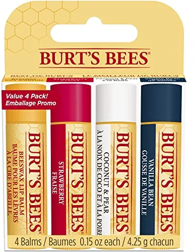 Burt's Bees Paquete múltiple de bálsamo labial, cera de abejas, fresa, coco y pera, vainilla, Best of Burt's, 4 x 4.25 gramos