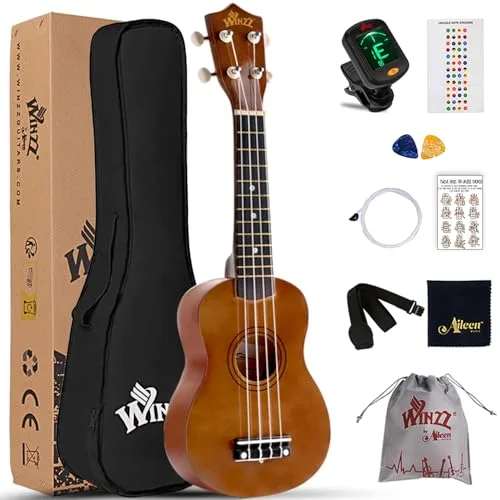 Winzz Ukelele Soprano Starter Kit para Principiante. Incluye: Funda, Afinador, Cuerdas Extra, Correa Ajustable, Púas, Pegatinas de Notas, Guía de Acordes y Paño de Pulido. Color: Canela Marrón