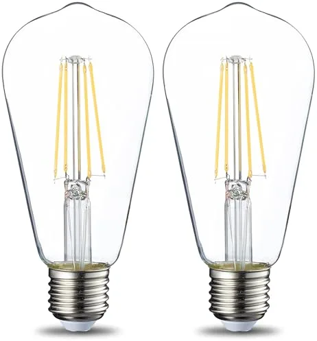 Amazon Basics Bombilla LED E27 Vintage Edison, ST64, 7 W (equivalente a 60 W), filamento transparente, no regulable, paquete de 2