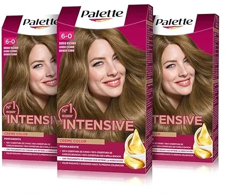 Palette Intensive Creme Color 6-0 Rubio Oscuro, tinte de pelo permanente con aceite de macadamia y almendras, cubre el 100% de las canas y raíces, para un color radiante, Pack 3
