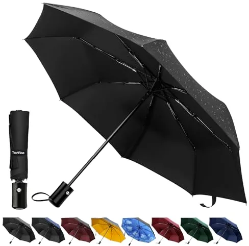 TechRise Paraguas clásico resistente al viento plegable automático compacto paraguas de viaje con un botón de apertura y cierre automático, color negro