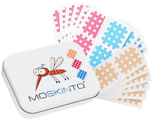 MOSKINTO parches antimosquitos pack familiar de 42 parches de colores en lata Picor, mosquitos, tábanos, abejas, jejenes, cura picaduras, multicolor