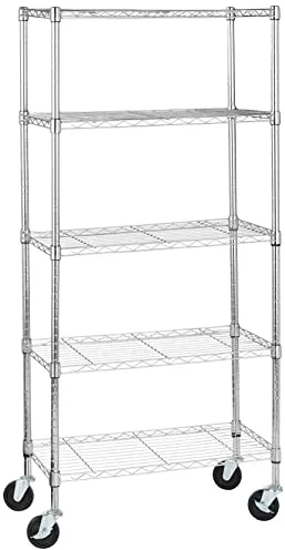 Amazon Basics Unidad de almacenamiento mediana de 5 baldas con ruedas de 4 inch con estantes ajustables en altura y pies niveladores, peso máximo de 680 kg, Cromado, 36 x 152 x 76 cm (D x W x H)