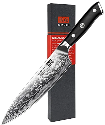 SHAN ZU Cuchillo de Cocina Damasco, 20cm Cuchillo Chef Japones de Acero Damasco de 67 Capas, Mango de Material G10, Cuchillo de Cocinero Profesional para Cortar Verdura, Fruta, Carne - PRO Series