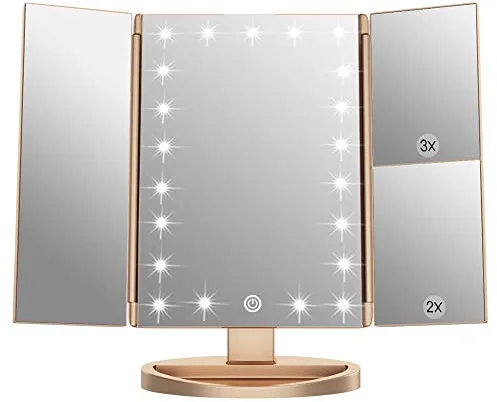 WEILY Espejo de Maquillaje,1x / 2X / 3X Espejo de Maquillaje de Tres Pliegues con 21 Luces LED y Pantalla táctil Ajustable Espejo Iluminado Tocador Espejos cosméticos de encimera (Oro)