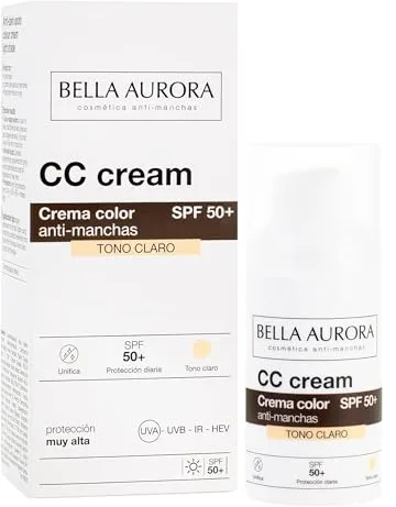 Bella Aurora CC Cream Antimanchas SPF 50+ con Color | Protector Solar Facial Antiedad | Unifica el Tono y Corrige Manchas | Hidratación Diaria | Piel Normal a Seca | Tono Claro | 30 ml