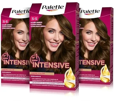 Palette Intensive Creme Color 5-5 Castaño Luminoso , tinte permanente con aceite de macadamia y almendras, cubre el 100% de las canas y raíces, para un pelo radiante, Pack 3