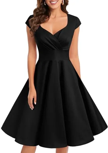 Bbonlinedress Vestido Fiesta Mujer Retro Años 50 Vintage de Cóctel Invierno para Invitada Boda Comunion Dama de Honor Cuello V Manga Corta Black L