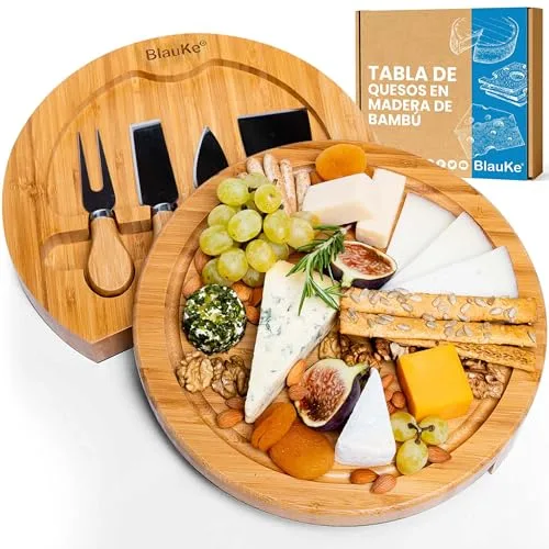 Tabla de Quesos y Embutidos con Cuchillos de Queso - Bandeja de Madera de Bambú - Bandejas para Servir Comida, Desayuno, Tapas, Aperitivos – Tabla de Madera de Bambú para Cortar Queso - Idea Regalo