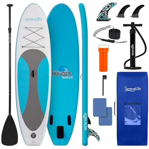 SereneLife tabla paddle surf hinchable, Cubierta antideslizante, Aleta inferior para remar, Estuche para guardar, Barco de pie para jovenes y adultos