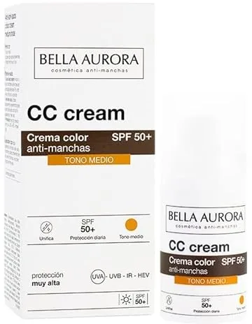 Bella Aurora CC Cream Antimanchas SPF 50+ Tono Medio 30 ml – Protector Solar Facial con Color – Unifica el Tono, Corrige Manchas y Protege la Piel – Todo Tipo de Piel
