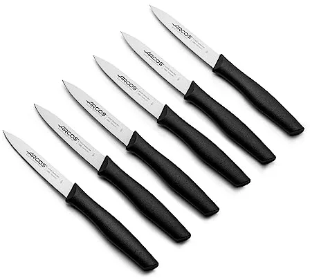 ARCOS Juego de 6 Cuchillos Mondadores con Hoja de 100mm en Acero Inoxidable y Mango de Polipropileno. Set de Cuchillos de cocina para Pelar Apto para Lavavajillas. Serie Nova. Color Negro