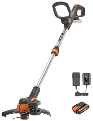 WORX WG163E.1 Desbrozadora a batería 20V - 2Ah, Hilo automático, Ruedas para bordear, Cabezal Giratorio 90º para Zonas Bajas, Ajuste ergonómico, para Jardines pequeños y medianos