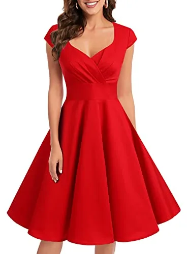 Bbonlinedress Vestido Fiesta Mujer Retro Años 50 Vintage de Cóctel Invierno para Invitada Boda Comunion Dama de Honor Cuello V Manga Corta Red L