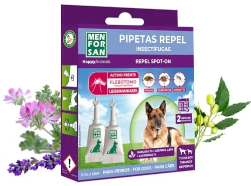 MENFORSAN Pipetas Anti-Insectos para Perros con Margosa, Geraniol y Lavandino, contra Pulgas, Garrapatas y Mosquitos (incluido Flebótomo), Estuche con 2 unidades, 1,5 ml