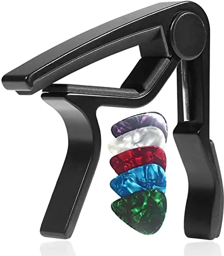 WiNGO Cejilla de Guitarra para Electrica Acustica Folk Ukelele Bajo Guitar Aleación de Aluminio Guitar Capo con 5 Púas de Guitarra, Negra.