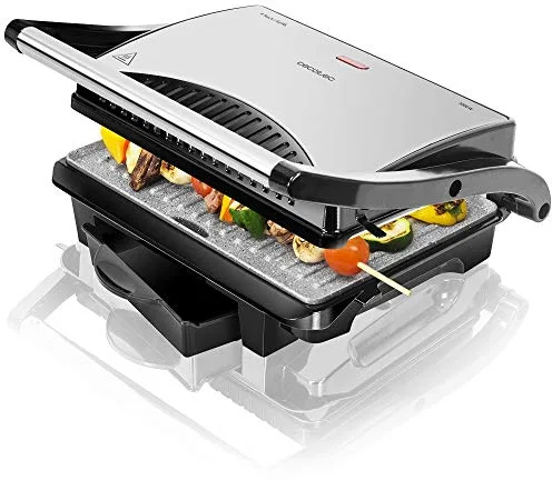 Cecotec Parrilla Eléctrica Rock'nGrill 1000. 1000 W, Revestimiento Antiadherente RockStone, Placa superior flotante, Cajetín recogegrasas, 25.5 x 29.5 x 10 cm, Color Acero/Negro