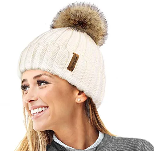 TOSKATOK® Invierno de Las Mujeres Costilla Punto Hat/Beanie con Desmontable de Piel Falsa Chunky Pom Pom Bobble-Cream
