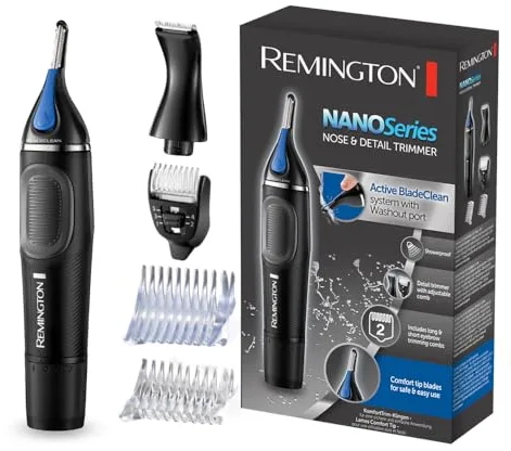Remington Cortapelos Nariz y Orejas Nano Series, Recortador Pelos Nariz, Orejas, Cejas y Vello Facial, Recortador Vertical, 2 Peines, Cortador Precisión con Peine Ajustable, Resistente Agua - NE3870