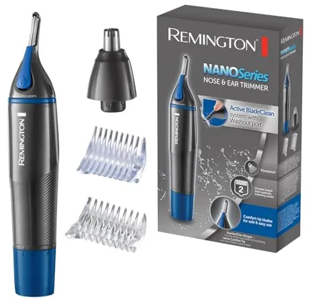 Remington Cortapelos Nariz y Orejas Nano Series - Recortador Pelos Nariz, Orejas y Cejas, Recortador Vertical, Cabezal de Corte Rotativo, 2 Peines, Resistente al Agua - NE3850