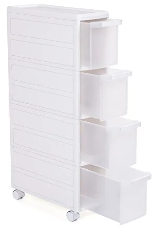 SONGMICS Carrito Estrecho con Ruedas, Estantería de Almacenamiento con Cajones, 4 Niveles Utilizables por Separado, Plástico PP, Blanco, 18 x 46 x 84,5 cm (Anchura x Profundiad x Altura) KFR05W