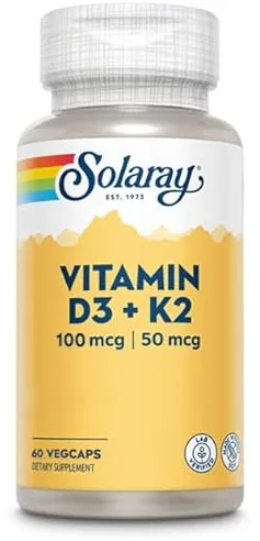 Solaray Vitamina D3 + K2 | Favorece la absorción de calcio y apoya al sistema cardiovascular y arterial | Sin Soja, gluten | Apto para Vegetarianos | 60 VegCap