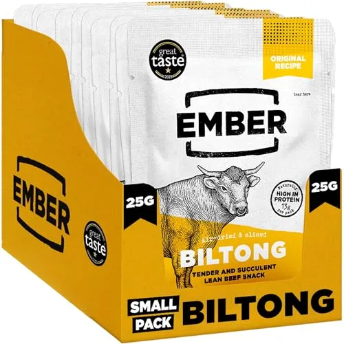 Ember Biltong de Ternera Original 250 g - Carne Seca Beef Jerky Rica en Proteinas - Baja en Grasa, Sin Azúcar Añadido, Keto, Sin Colorantes ni Aromas Artificiales - 10 Sobres Snack de 25 g
