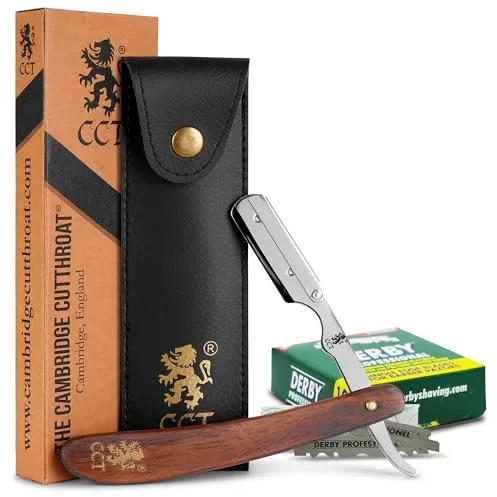 The Cambridge Cutthroat® - Navaja afeitar para hombre de madera y acero inoxidable - Calidad barbero profesional - Incluye 10 cuchillas Derby y estuche - Accesorios para un aseo perfecto