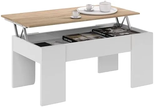 Habitdesign – Mesa de Centro Elevable Moderna, Mesita Auxiliar para Salón o Comedor, Blanco Artik y Roble Canadian, 100x50x45-56 cm – Modelo LC