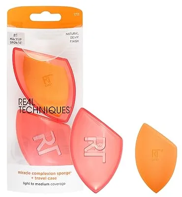 REAL TECHNIQUES Miracle Complexion Sponge & Travel - Esponja Aplicadora con Funda, Naranja