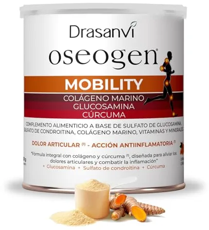 Drasanvi OSEOGEN Colágeno Marino Hidrolizado con Glucosamina, Condroitina y Cúrcuma para huesos, cartilagos y articulaciones, Con minerales esenciales, Fácil asimilación, 300 g polvo, Sabor Naranja
