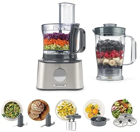 Kenwood MultiPro Compact FDM301 - Procesador de Alimentos y Blender con 8 Accesorios, Cuchillas de Acero Inoxidable, Potencia 800 W, Capacidad 2.1 litros, 2 Velocidades, Negro/Plata
