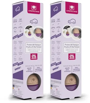 CRISTALINAS | Pack 2 Ambientadores Esfera para Coche| Aroma a Frutos del Bosque | Absorbe los Malos Olores de tu Vehículo con un agradable Aroma | Larga Duración 8 Semanas | 6 ml | 0% Alcohol