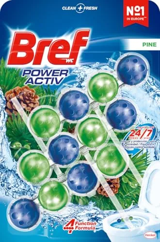 Bref Power Activ Pine (3 unidades), limpia baño con fórmula 4 en 1, cesta higiénica y protectora para inodoro, con aroma a Pino, limpiador baño antical, 24 h de protección