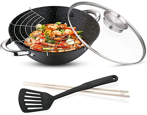 RENBERG Wasabi Wok | Sartén Wok con Revestimiento de Mármol y Tapa de Vidrio | Múltiples Funcionalidades y Accesorios | Wok de Hierro Fundido | Compatible con Cocinas de Inducción 28x40x12 cm
