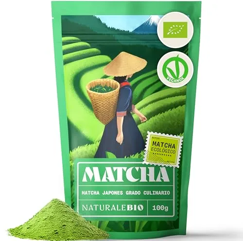 NaturaleBio Té Verde Matcha Orgánico Japonés en Polvo - Grado Culinario - 100gr. Matcha Ecológico para Cocinar. Cultivado en Japón, Uji, Kyoto. Ideal para hornear, en la cocina y con latte