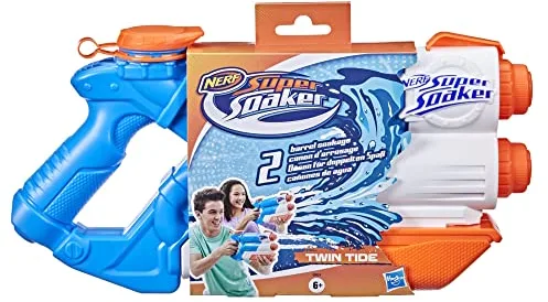 Nerf Super Soaker - Twin Tide - Lanzador de agua de bombeo con 2 cañones - Juguete para jugar con agua al aire libre - Regalos para niños y niñas a partir de 6 años