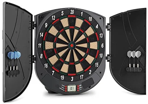 Oneconcept Dartor III - Juego de Diana Electrónica, hasta 8 Jugadores, Cálculo automático de Puntos, Incluye Material de Montaje, 26 Juegos y Dardos Recambio, Puertas, Negro