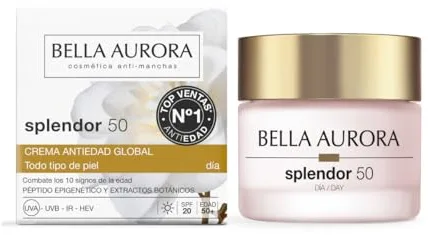 Bella Aurora Splendor 50 Crema Antiedad de Día | Redensifica y Reafirma la Piel | Antimanchas y Antiarrugas con SPF 20 | Tratamiento Global +50 Años con Péptido Epigenético | 50 ml