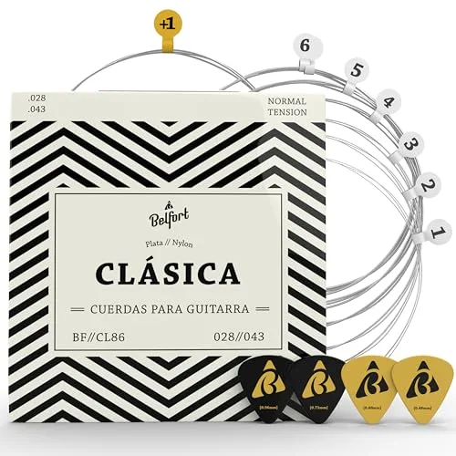 Belfort® Juego Cuerdas Guitarra Española, Clasica, Cuerdas Guitarra Flamenca) 6x Cuerda Nylon + 4 púas + eBook - Accesorios, Cuerda Guitarras (Guitar Strings)